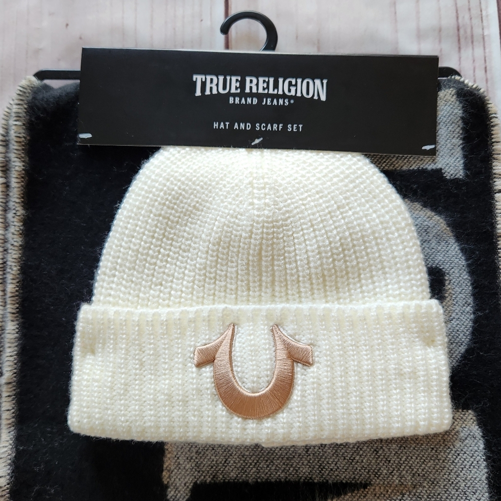 NWT True Religion Beanie Hat & Scarf Set Men's Accessories Cream Black Grey - Picture 4 of 9
